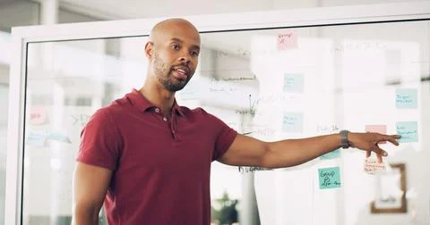 Presentation, talking and man with info, training and sticky notes in newsroom Stock Photos
