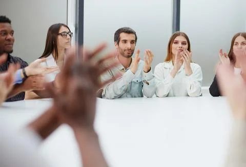 Presentation, teamwork or diversity team applause at meeting success for Stock Photos