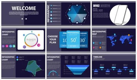 Presentation template, blue and black infographic elements. Flat design vecto Stock Illustration