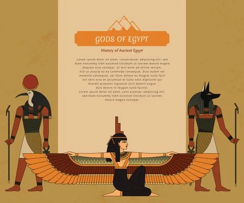 A presentation template with gods of ancient Egypt Thoth, Anubis and Isis. Stock Illustration
