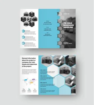 Presentation of vector trifold template with hexagons, blue design elements o イラスト素材