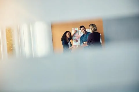 Presentation wall, manager and team explain creative design ideas Stock Photos