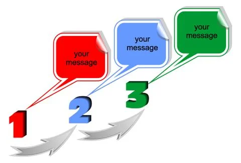 Presentation of the working process in three steps with bubbles and arrows fo Stock Illustration