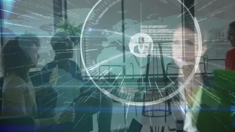 Presenter and collaborator tapping world map in office lounge and expanding Stock Footage 310316987