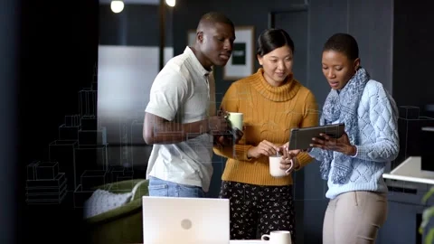Presenter angling tablet and pointing, team leaning in reviewing design on PC Stock Footage 333803038