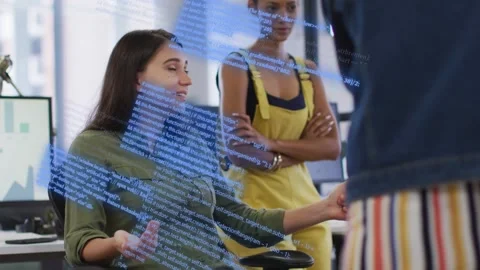 Presenter asking, seated woman clarifying data in office blue code overlay Stock Footage 333575485
