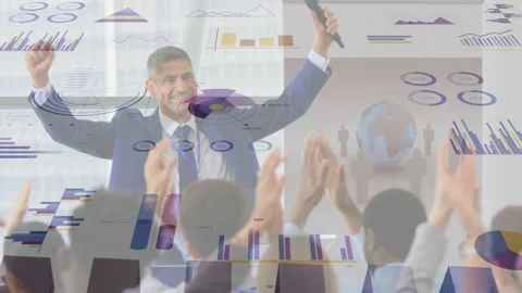 Presenter celebrating raising mic gesturing eliciting crowd claps as business Stock Footage 333595077