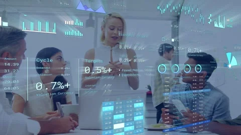 Presenter checking device, addressing team while animating business data HUD and Stock Footage 333803166