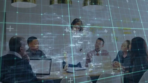 Presenter checking tablet placing docs in business meeting, data grid on screens Stock Footage 331227589