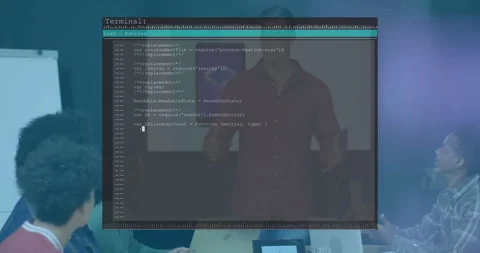 Presenter clicking laptop causing terminal overlay and scrolling code Stock Footage 309895244