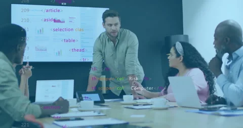 Presenter clicking remote and briefing team with animated security code overlay Stock Footage 312083192