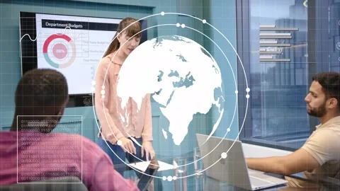 Presenter consulting tablet, activating holographic globe over table and budget Stock Footage 333351079