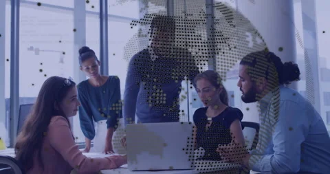 Presenter directing laptop screen, initiating floating globe and code guiding Stock Footage 309872790