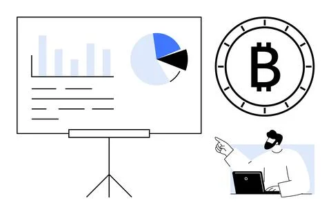 Presenter Discussing Cryptocurrency Analytics with Graphs and Bitcoin Symbol イラスト素材