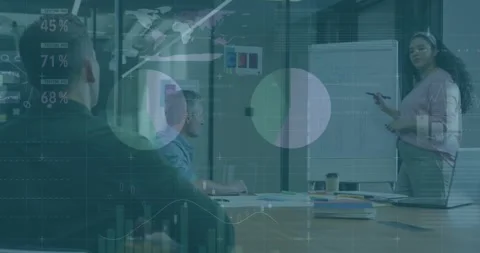 Presenter drawing grid on chart causing animated percentages and world map Stock Footage 318142811
