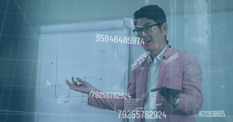 Presenter drawing line on bar graph and activating data overlays as presenting Stock Footage 318475880