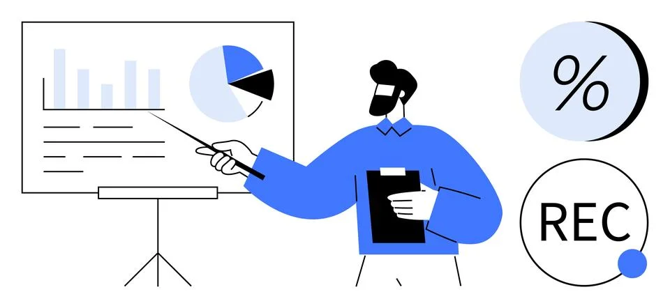 Presenter Explaining Data Charts to Audience with Graphical Elements and Re.. Illustrazione stock