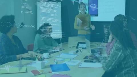 Presenter explaining slide content in tech meeting, code waveform overlay Stock Footage 319871867