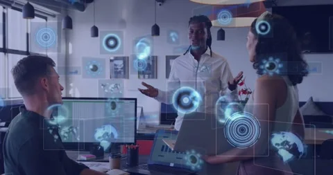 Presenter explaining spreadsheet during business sparking blue UI gauges growing Stock Footage 334185360