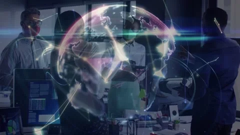 Presenter flipping tablet, explaining business data, node lines forming rotating Stock Footage 333078615