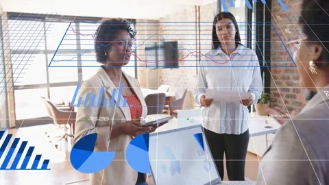Presenter gesturing, activating business data overlays while listener checking Stock Footage 333132479