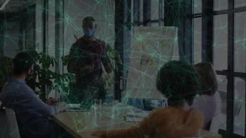 Presenter gesturing, activating green tech overlay in business meeting, 動画素材 330768085