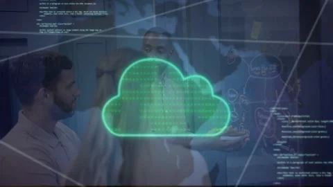 Presenter gesturing, activating neon cloud holo with code obscuring team in Stock-Footage 335732100
