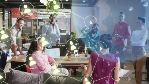 Presenter gesturing, animated user icons and lines appearing, linking team in Stock Footage 333837689