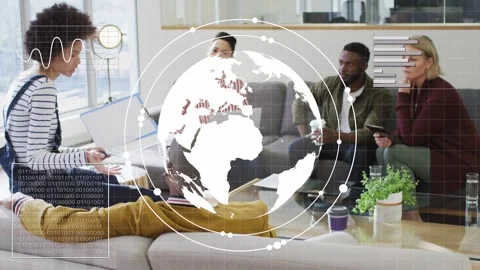 Presenter gesturing with binder in office lounge, causing globe and HUD Stock Footage 333414191