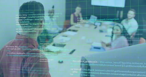 Presenter gesturing display, starting grid code overlay at business meeting as Stock Footage 312099622