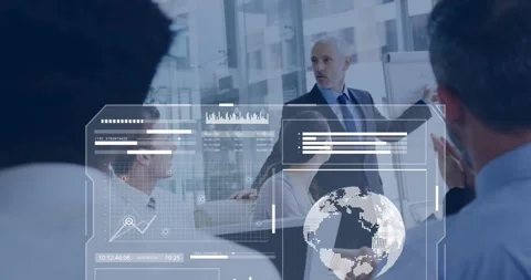 Presenter gesturing flipchart causing overlays showing tech data as team tapping Stock Footage 318239066