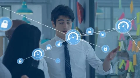 Presenter gesturing at glass, hand initiating HUD node, network expanding, 動画素材 334114444