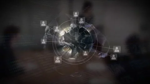 Presenter gesturing in meeting room, AR globe forming over table, linking user Stock Footage 334202778