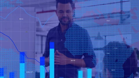 Presenter gesturing in office causing bar chart and map line graph merging for Stock Footage 312361380