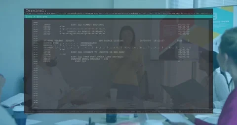 Presenter gesturing at slide causing transparent terminal overlay scrolling SQL Stock-Footage 330917952