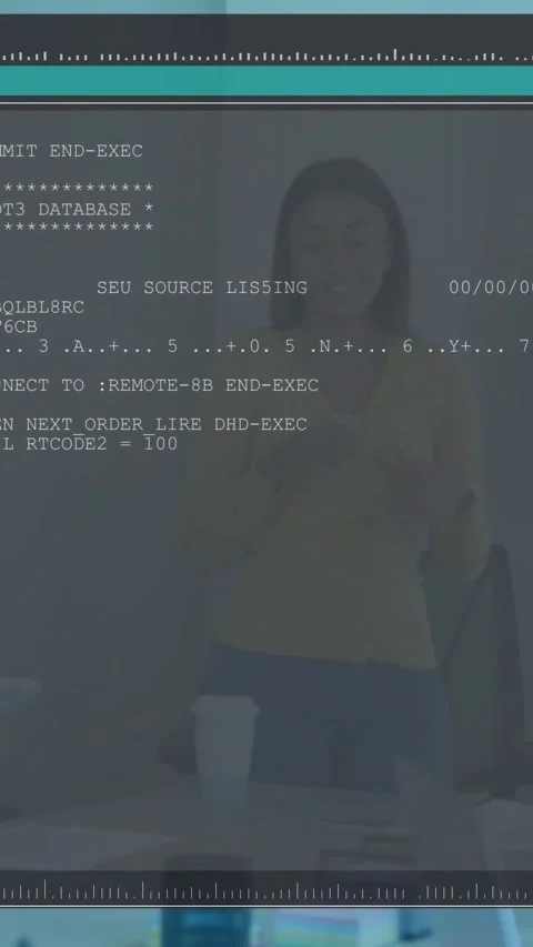 Presenter gesturing at table, terminal text overlay scrolling in and covering Stock Footage 331050251