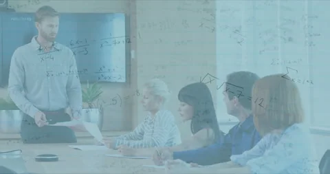 Presenter gesturing then distributing handouts in business meeting, team Vídeo Stock 312828790