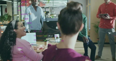 Presenter gesturing toward team in office showing security risks with animated Stock Footage 315597047