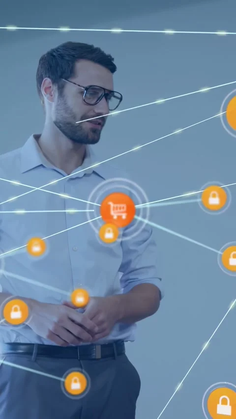 Presenter gesturing while orb appearing morphing into cart, forming ecom grid Stock Footage 334319463