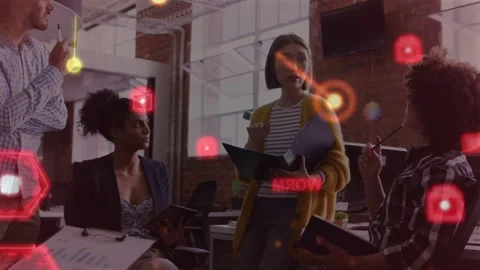 Presenter holding folder and presenting tech brief in open office, AR HUD Stock Footage 333397286