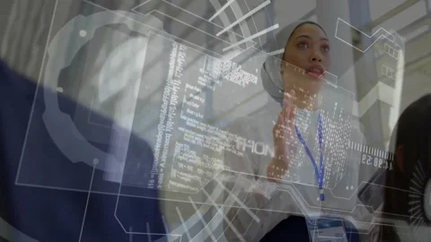 Presenter holding hand up activating AR in tech demo displaying CSS Python then Stock Footage 327524839