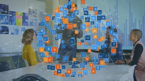 Presenter holding tablet and gesturing, causing rotating icon ring revealing bar Stock Footage 334185157