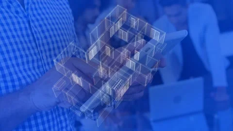 Presenter holding tablet and tapping screen, rotating 3D wireframe floorplan for Stock Footage 334788957