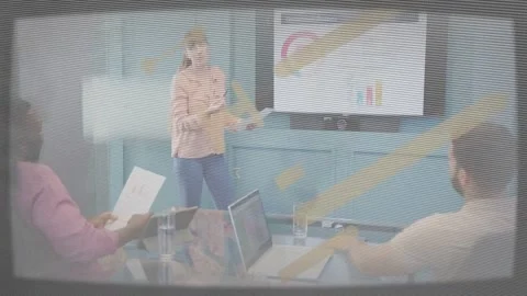 Presenter introducing slide and pointing to pie chart while explaining business Stock Footage 333837317
