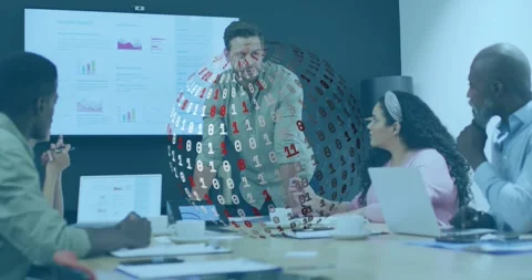 Presenter leaning emphasizing in biz meeting over table causing binary globe Stock Footage 320652225