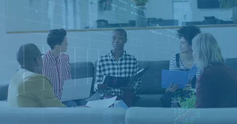Presenter leaning into open folder triggers animated business graph rising over Stock Footage 312770365