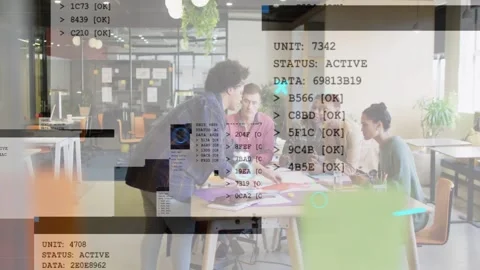 Presenter leaning over table placing docs leading data overlays growing with Stock Footage 332704935