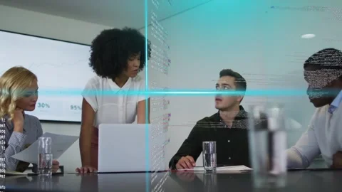 Presenter leaning on table operating laptop, activating code overlay sweeping 库存影片 332566674