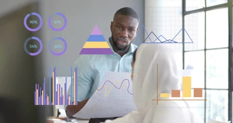 Presenter lifting chart and showing animated pyramid, woman asking then nodding Stock Footage 314398012