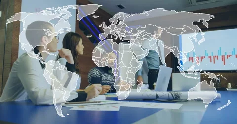 Presenter moving pointer on bar chart activating world map over team during Video stock 312041649